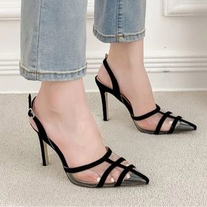 Black Clear Point Toe Slingback stiletto Pumps